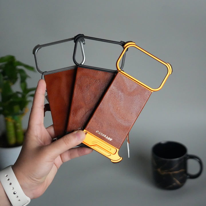 iPhone 17 Pro Magnetic Leather Case | Strong MagSafe + Metal Kickstand | Premium PU Leather Back with Aluminum Bumper Frame