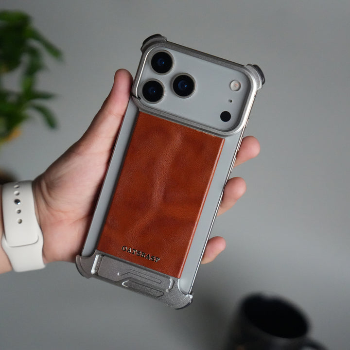 iPhone 17 Pro Magnetic Leather Case | Strong MagSafe + Metal Kickstand | Premium PU Leather Back with Aluminum Bumper Frame