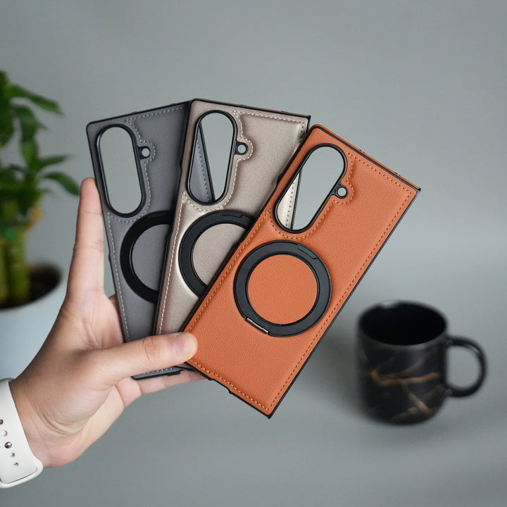 Galaxy Z Fold 7 Premium Leather MagSafe Case | Strong Magnetic Ring | Shockproof Back Cover with Luxe PU Leather Finish