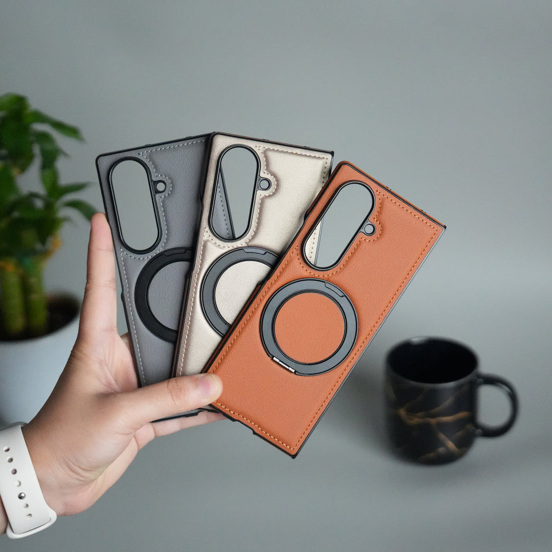 Galaxy Z Fold 7 Premium Leather MagSafe Case | Strong Magnetic Ring | Shockproof Back Cover with Luxe PU Leather Finish