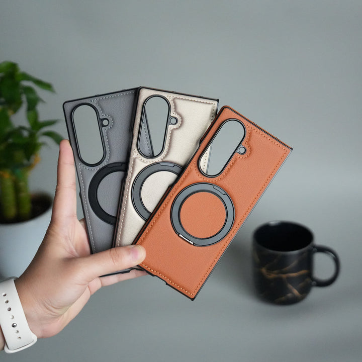 Galaxy Z Fold 7 Premium Leather MagSafe Case | Strong Magnetic Ring | Shockproof Back Cover with Luxe PU Leather Finish