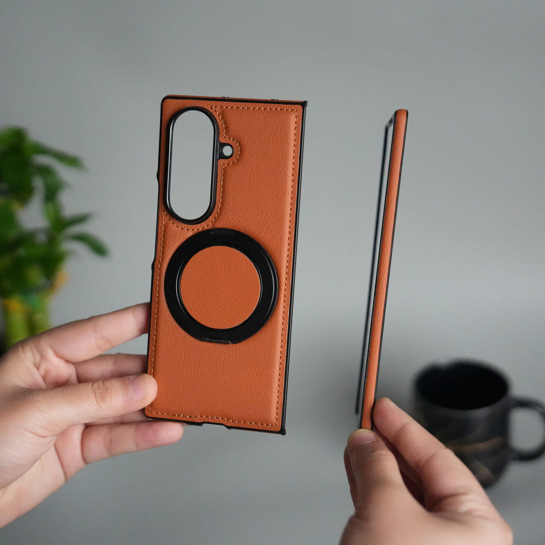 Galaxy Z Fold 7 Premium Leather MagSafe Case | Strong Magnetic Ring | Shockproof Back Cover with Luxe PU Leather Finish