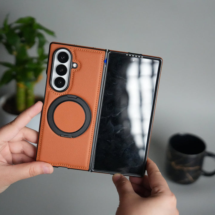Galaxy Z Fold 7 Premium Leather MagSafe Case | Strong Magnetic Ring | Shockproof Back Cover with Luxe PU Leather Finish