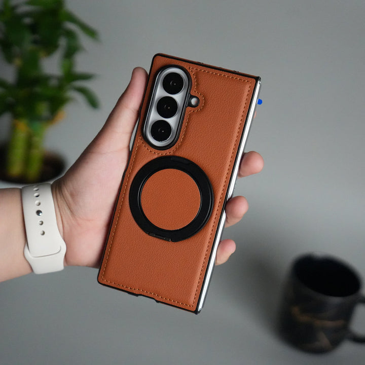 Galaxy Z Fold 7 Premium Leather MagSafe Case | Strong Magnetic Ring | Shockproof Back Cover with Luxe PU Leather Finish