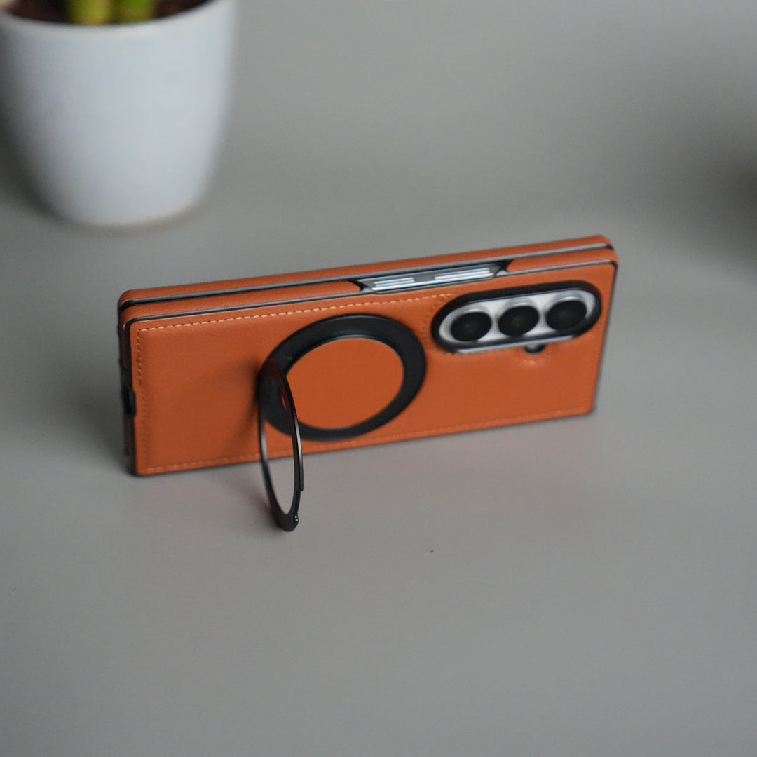 Galaxy Z Fold 7 Premium Leather MagSafe Case | Strong Magnetic Ring | Shockproof Back Cover with Luxe PU Leather Finish