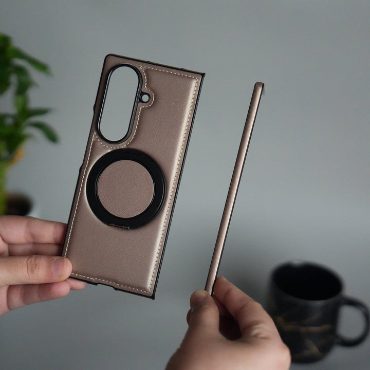 Galaxy Z Fold 7 Premium Leather MagSafe Case | Strong Magnetic Ring | Shockproof Back Cover with Luxe PU Leather Finish