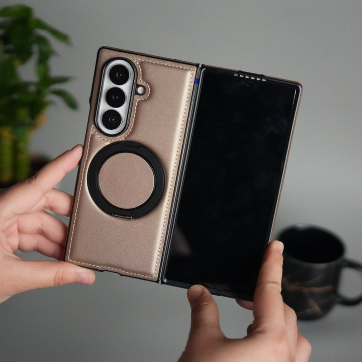 Galaxy Z Fold 7 Premium Leather MagSafe Case | Strong Magnetic Ring | Shockproof Back Cover with Luxe PU Leather Finish