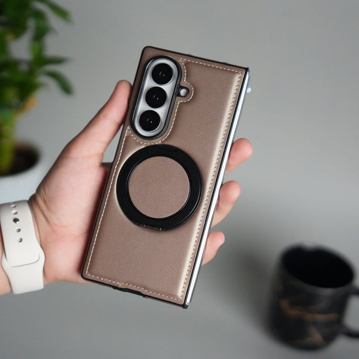 Galaxy Z Fold 7 Premium Leather MagSafe Case | Strong Magnetic Ring | Shockproof Back Cover with Luxe PU Leather Finish