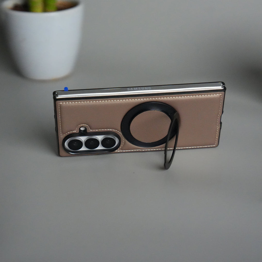 Galaxy Z Fold 7 Premium Leather MagSafe Case | Strong Magnetic Ring | Shockproof Back Cover with Luxe PU Leather Finish