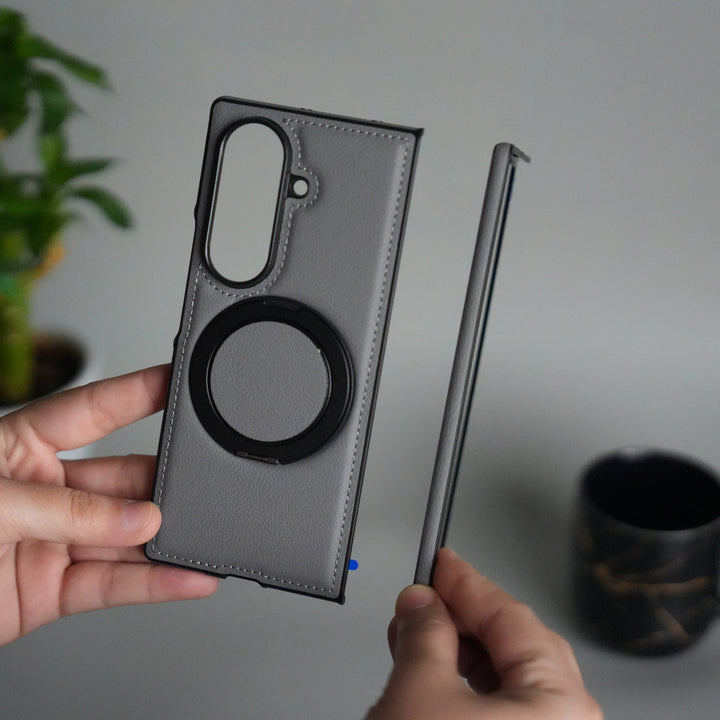 Galaxy Z Fold 7 Premium Leather MagSafe Case | Strong Magnetic Ring | Shockproof Back Cover with Luxe PU Leather Finish