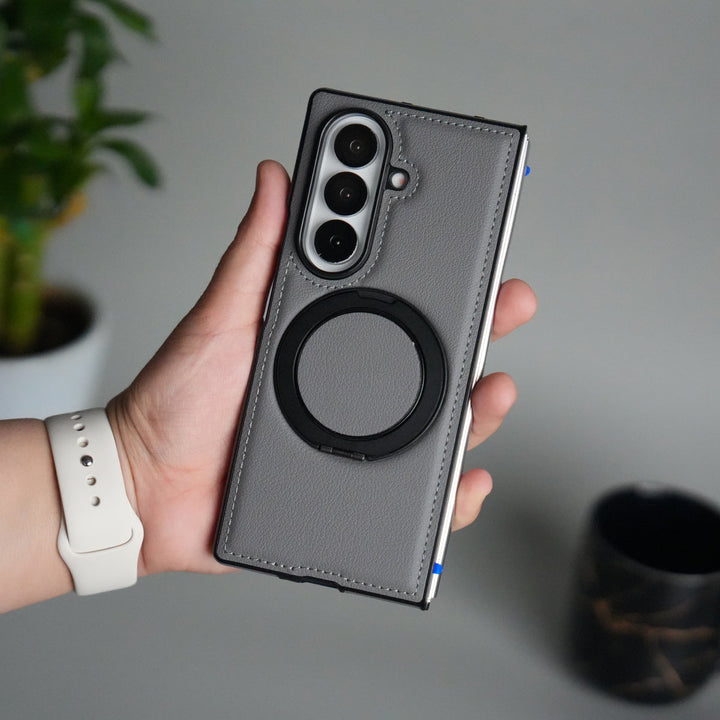 Galaxy Z Fold 7 Premium Leather MagSafe Case | Strong Magnetic Ring | Shockproof Back Cover with Luxe PU Leather Finish