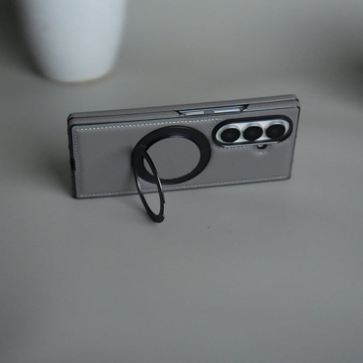 Galaxy Z Fold 7 Premium Leather MagSafe Case | Strong Magnetic Ring | Shockproof Back Cover with Luxe PU Leather Finish