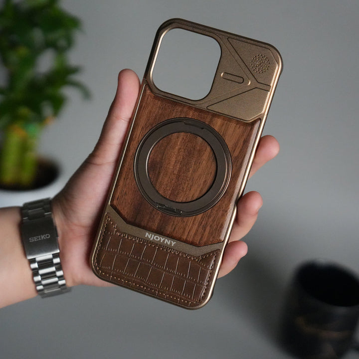 iPhone 16 Series Metallic Wood Leather AeroFLex Aluminium  Case With Rotating Stand
