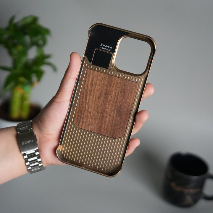 iPhone 16 Series Metallic Wood Leather AeroFLex Aluminium  Case With Rotating Stand