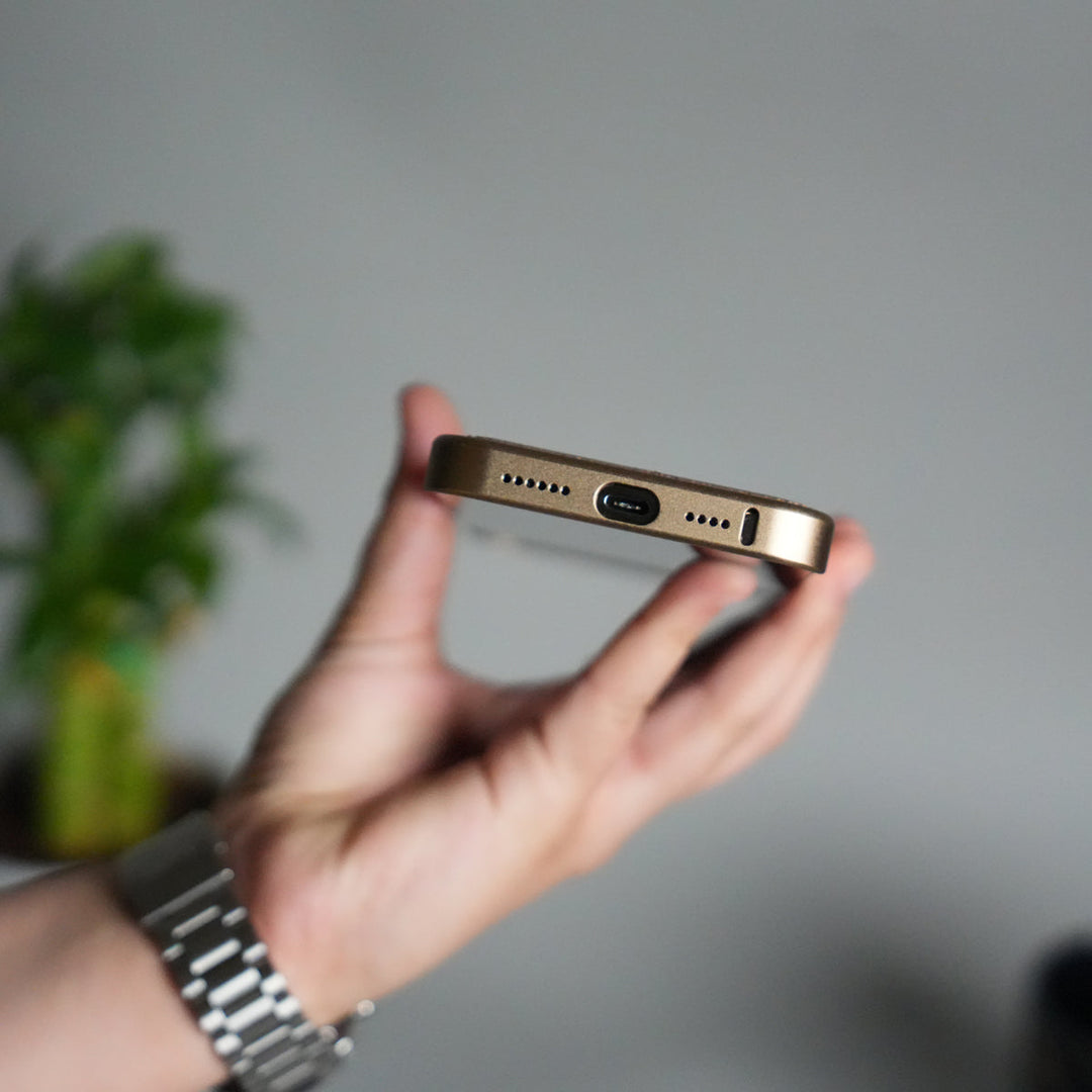 iPhone 16 Series Metallic Wood Leather AeroFLex Aluminium  Case With Rotating Stand