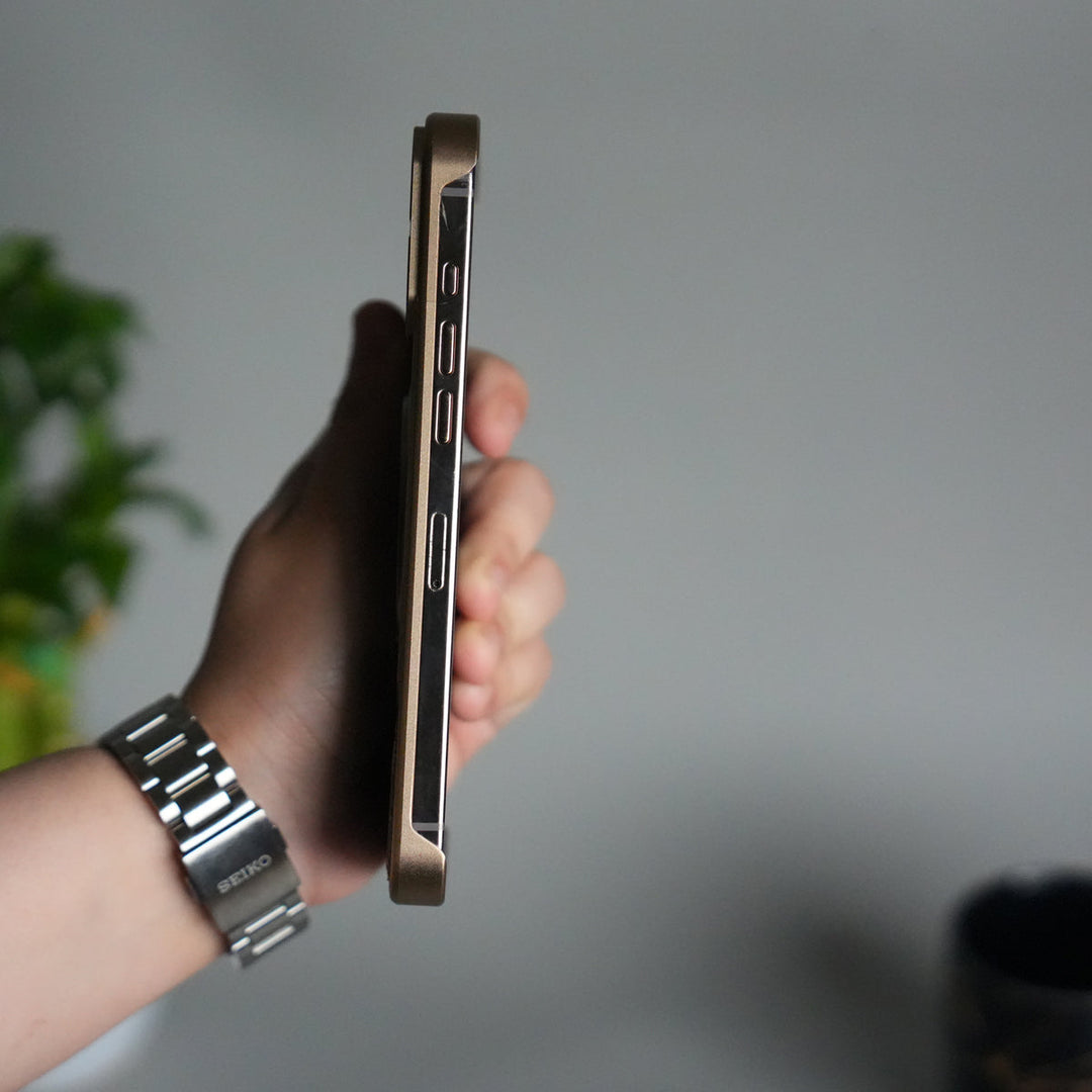 iPhone 16 Series Metallic Wood Leather AeroFLex Aluminium  Case With Rotating Stand