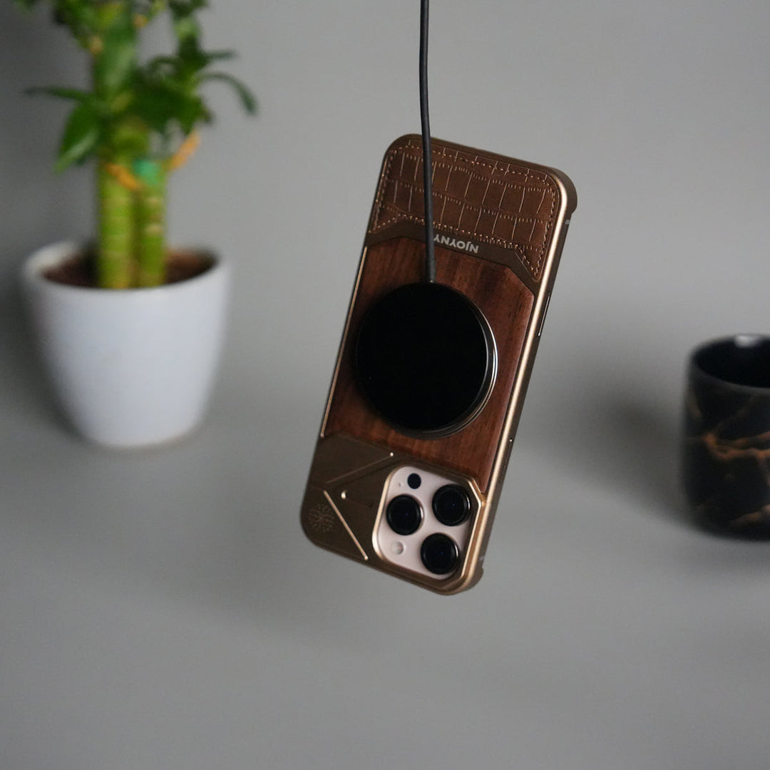 iPhone 16 Series Metallic Wood Leather AeroFLex Aluminium  Case With Rotating Stand