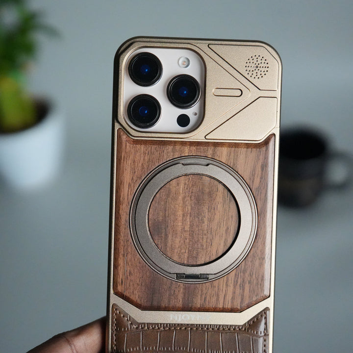 iPhone 16 Series Metallic Wood Leather AeroFLex Aluminium  Case With Rotating Stand
