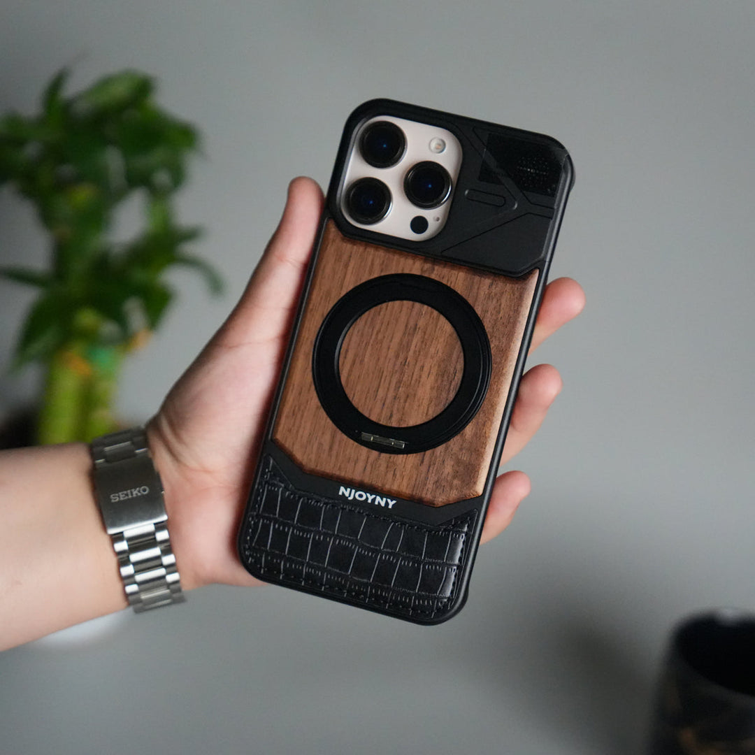 iPhone 16 Series Metallic Wood Leather AeroFLex Aluminium  Case With Rotating Stand