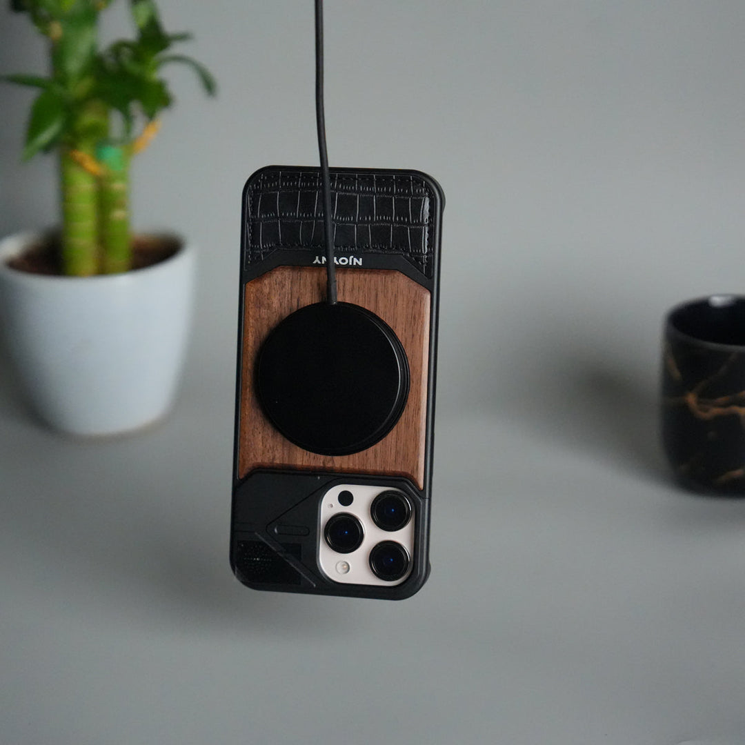 iPhone 16 Series Metallic Wood Leather AeroFLex Aluminium  Case With Rotating Stand