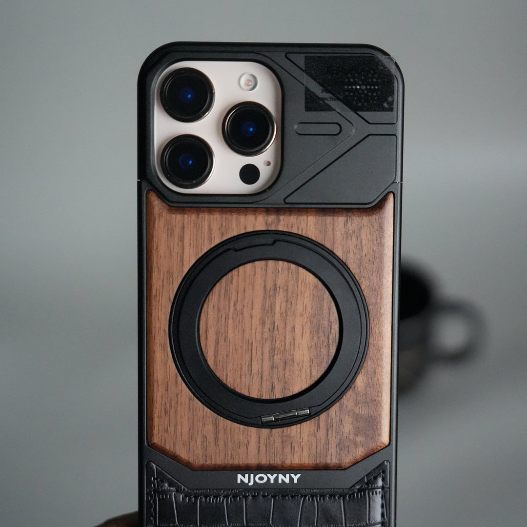 iPhone 16 Series Metallic Wood Leather AeroFLex Aluminium  Case With Rotating Stand