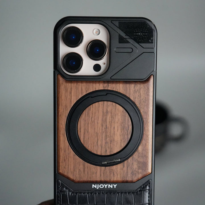 iPhone 16 Series Metallic Wood Leather AeroFLex Aluminium  Case With Rotating Stand