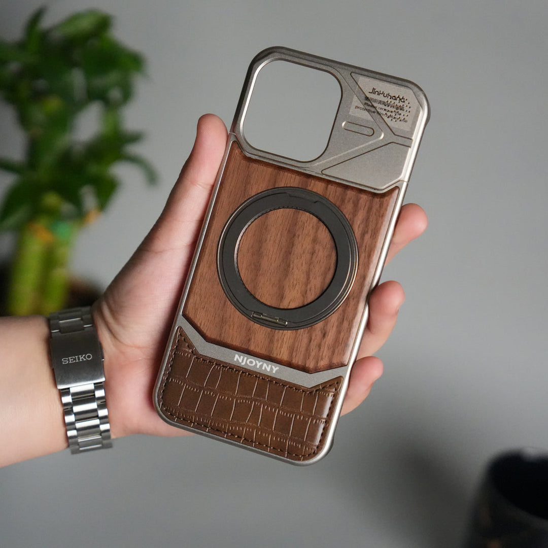 iPhone 16 Series Metallic Wood Leather AeroFLex Aluminium  Case With Rotating Stand