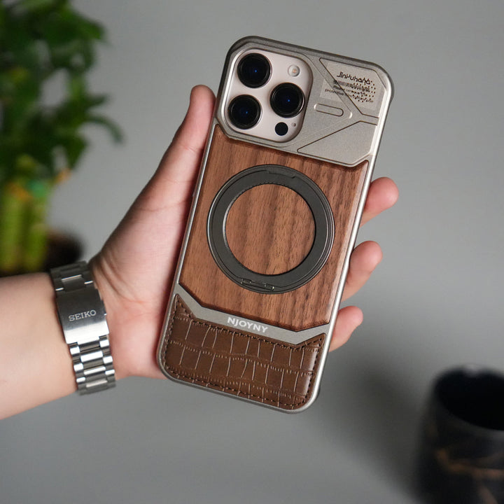 iPhone 16 Series Metallic Wood Leather AeroFLex Aluminium  Case With Rotating Stand