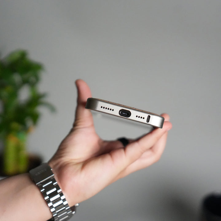 iPhone 16 Series Metallic Wood Leather AeroFLex Aluminium  Case With Rotating Stand