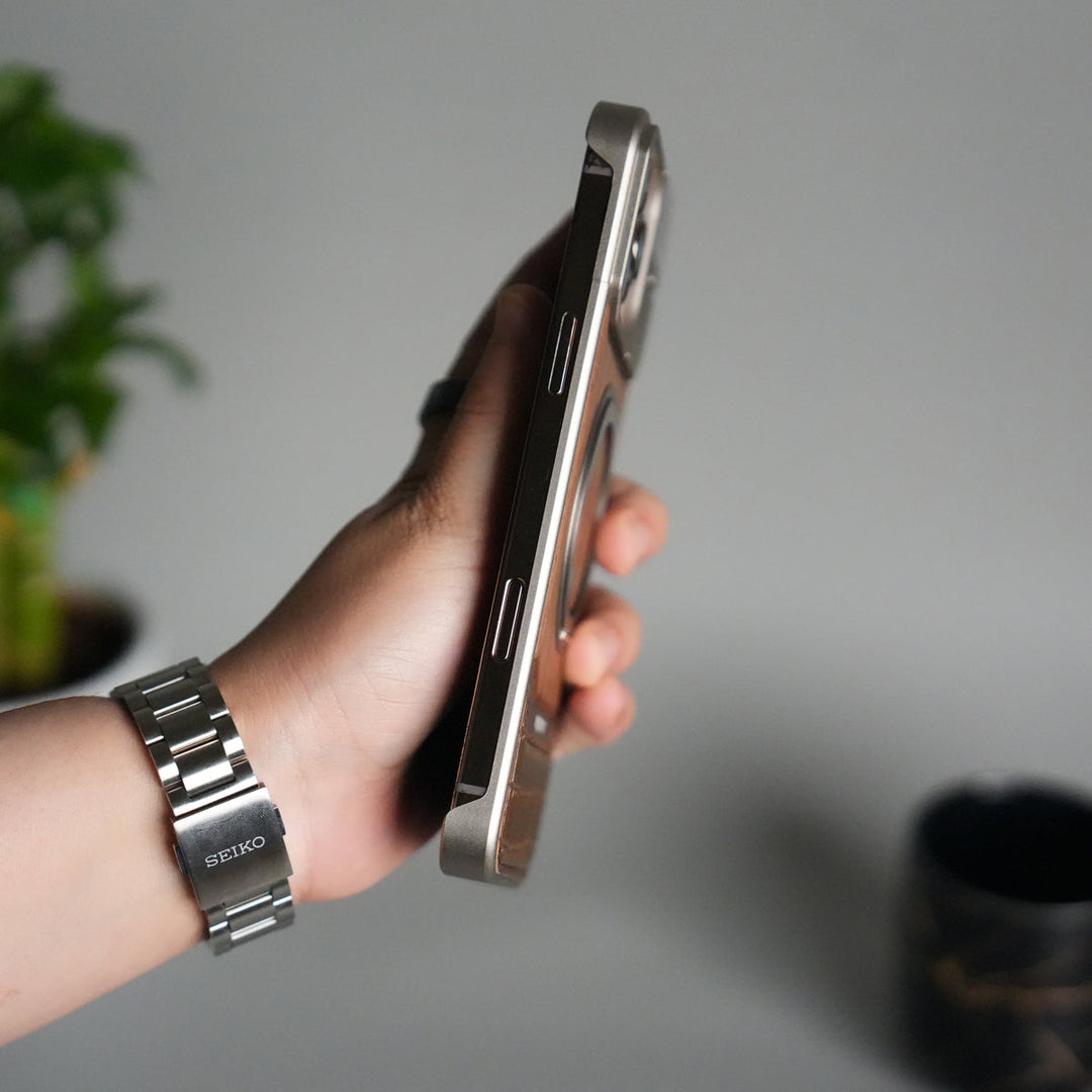 iPhone 16 Series Metallic Wood Leather AeroFLex Aluminium  Case With Rotating Stand