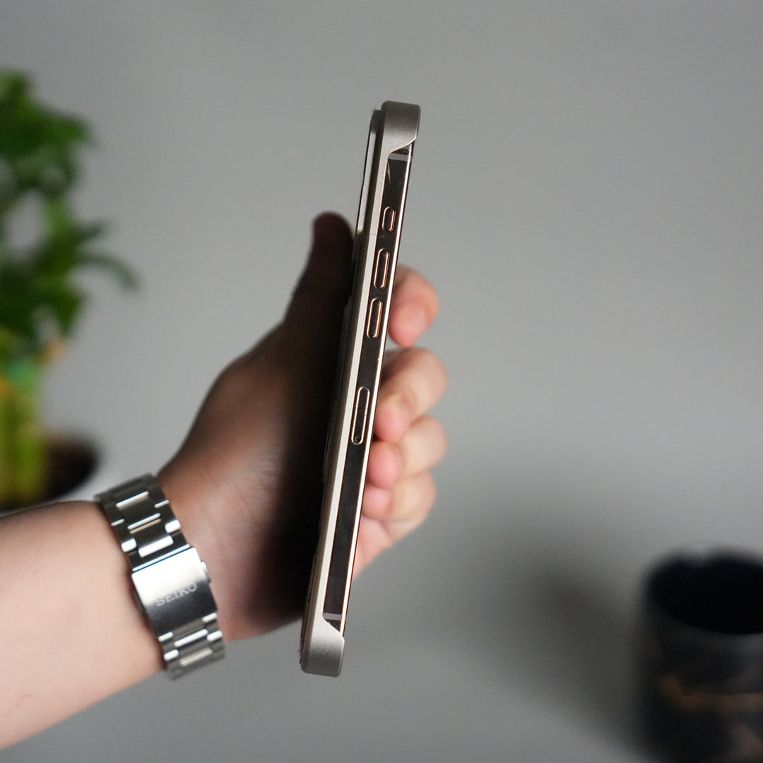 iPhone 16 Series Metallic Wood Leather AeroFLex Aluminium  Case With Rotating Stand