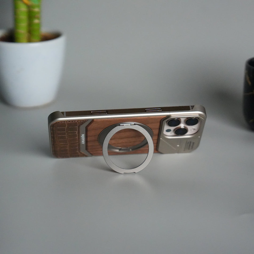 iPhone 16 Series Metallic Wood Leather AeroFLex Aluminium  Case With Rotating Stand