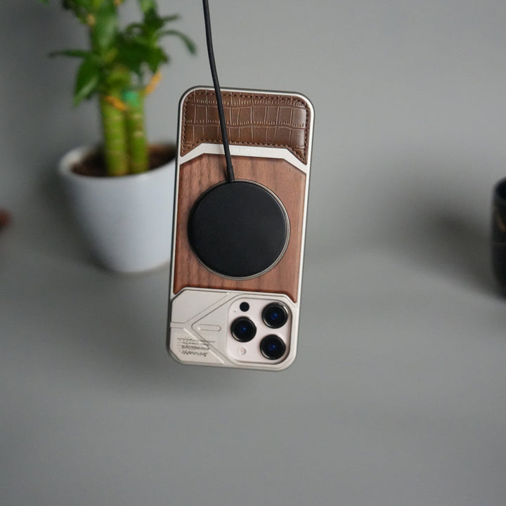 iPhone 16 Series Metallic Wood Leather AeroFLex Aluminium  Case With Rotating Stand