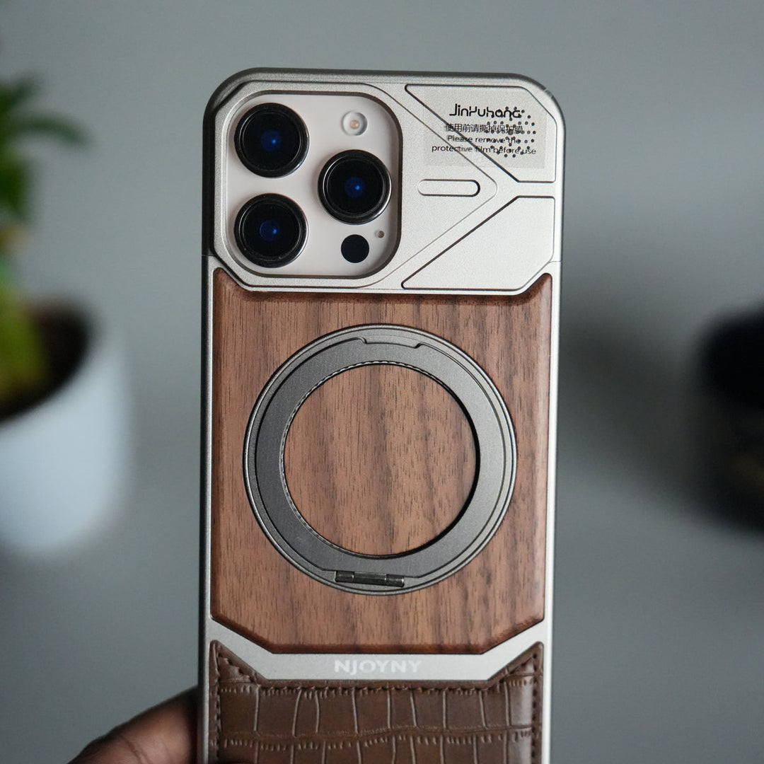 iPhone 16 Series Metallic Wood Leather AeroFLex Aluminium  Case With Rotating Stand