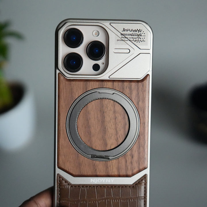 iPhone 16 Series Metallic Wood Leather AeroFLex Aluminium  Case With Rotating Stand