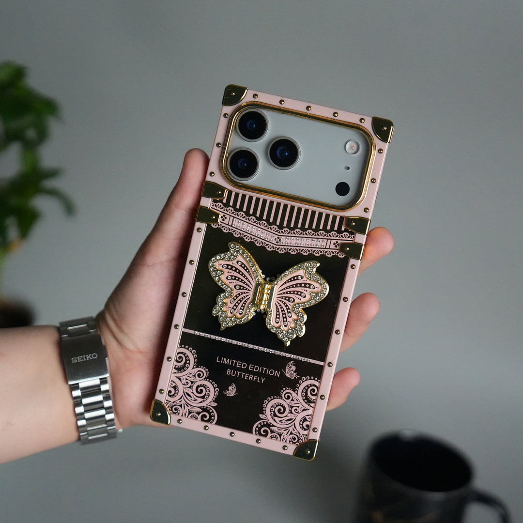 iPhone 17 Series Luxury Butterfly Case | Trunk Frame Shockproof Cover with 3D Butterfly | Premium Limited Edition Design