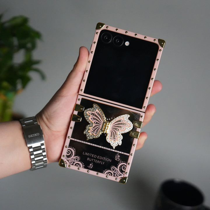Galaxy Z Flip 7 Luxury Butterfly Case | Trunk Frame Cover with 3D Butterfly | Premium Limited Edition Design