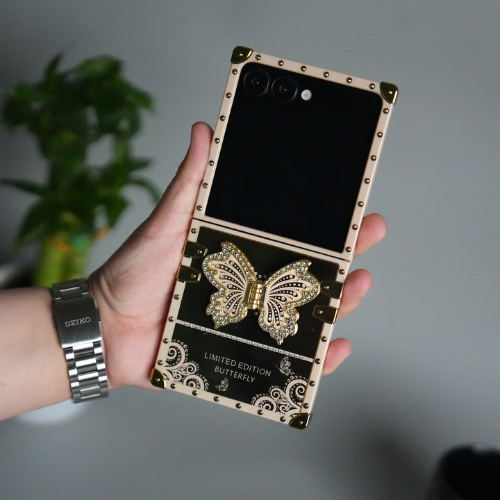 Galaxy Z Flip 7 Luxury Butterfly Case | Trunk Frame Cover with 3D Butterfly | Premium Limited Edition Design