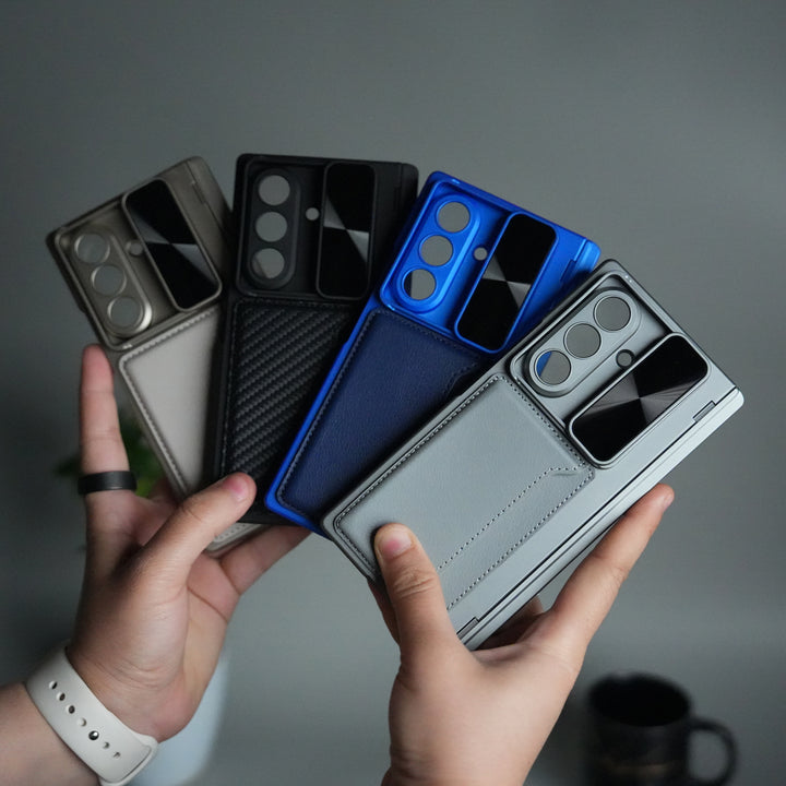 Galaxy Z Fold 7 Camera Shutter Case | Slim Hard Back Cover with Card Holder & Hinge Kickstand | Shockproof Protective Case