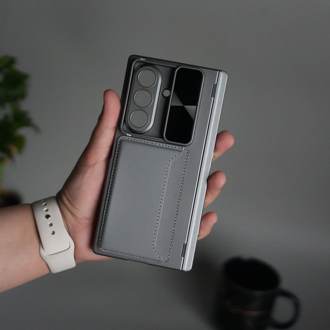 Galaxy Z Fold 7 Camera Shutter Case | Slim Hard Back Cover with Card Holder & Hinge Kickstand | Shockproof Protective Case