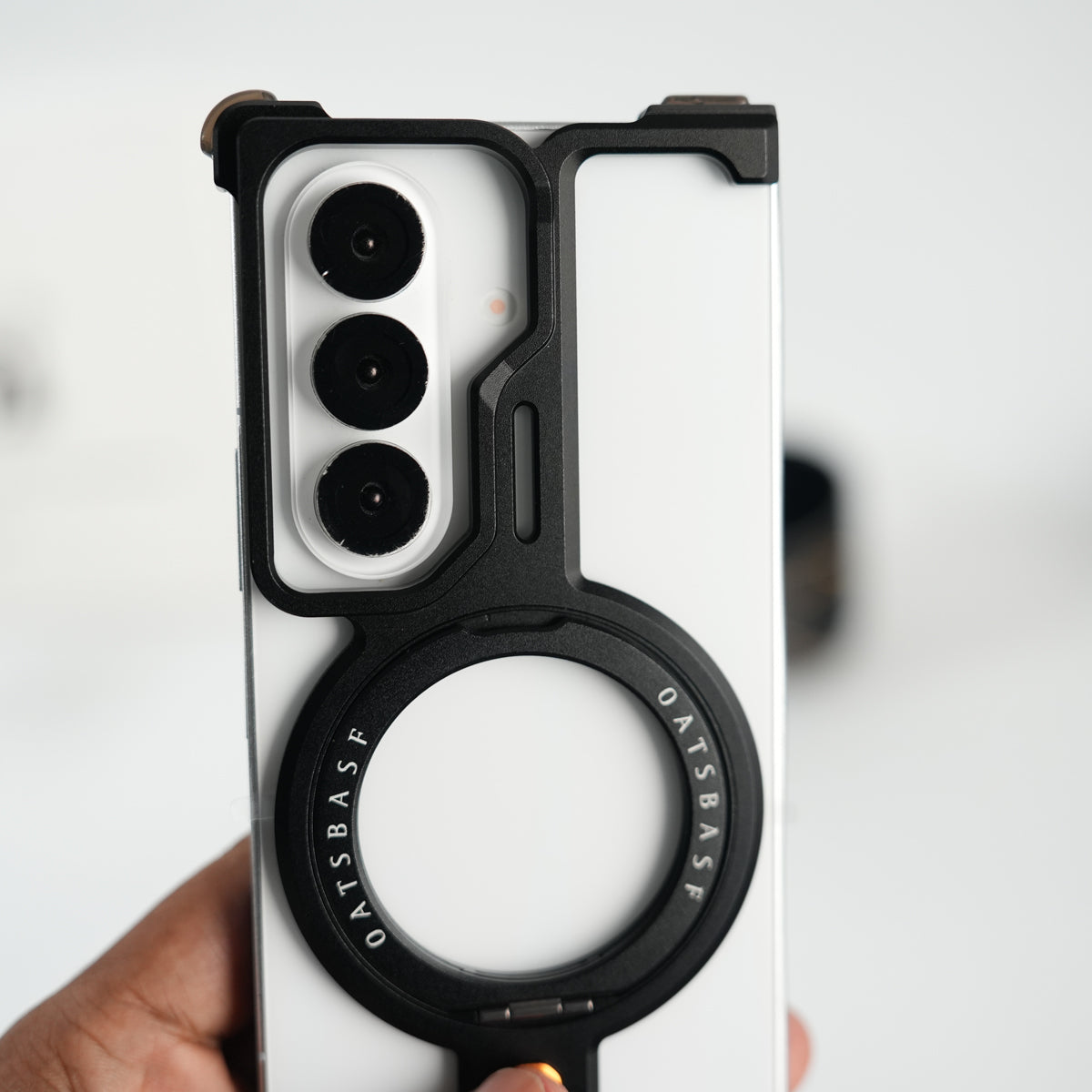 Galaxy Fold 7 Metal Frameless Bumper Case With Rotating Stand (Black)