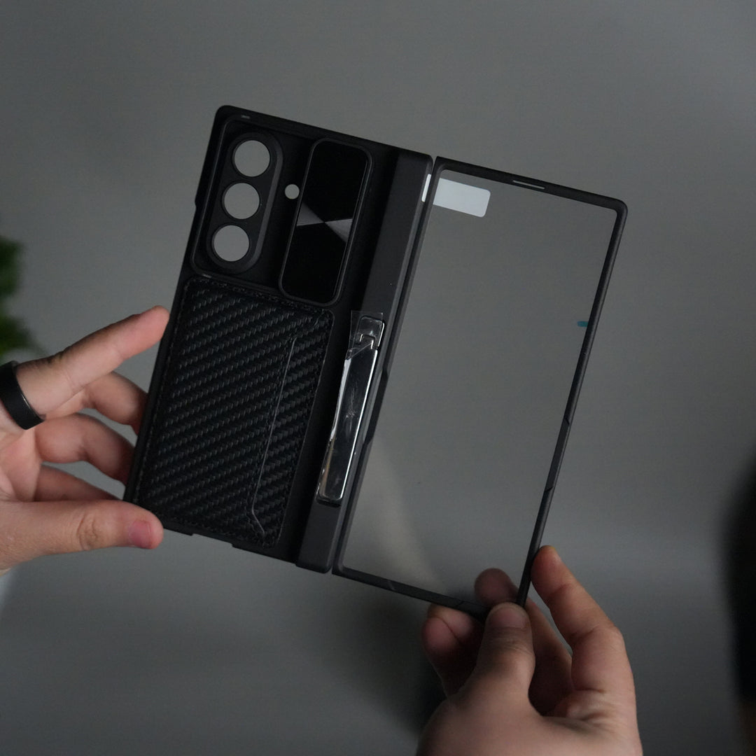 Galaxy Z Fold 7 Camera Shutter Case | Slim Hard Back Cover with Card Holder & Hinge Kickstand | Shockproof Protective Case