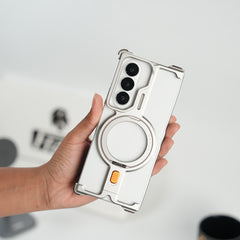 Galaxy Fold 7 Metal Frameless Bumper Case With Rotating Stand (Silver)