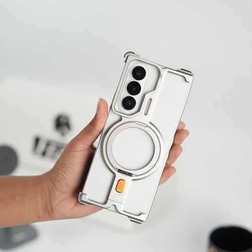 Galaxy Fold 7 Metal Frameless Bumper Case With Rotating Stand (Silver)