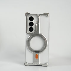 Galaxy Fold 7 Metal Frameless Bumper Case With Rotating Stand (Silver)