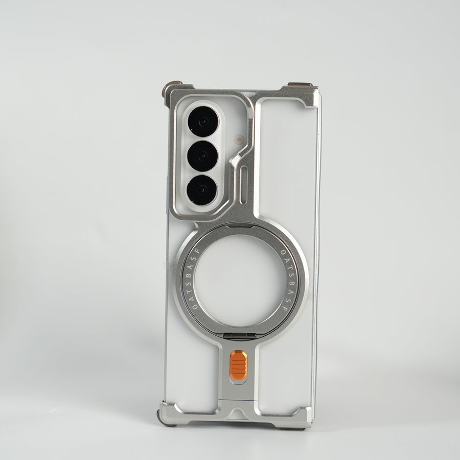 Galaxy Fold 7 Metal Frameless Bumper Case With Rotating Stand (Silver)