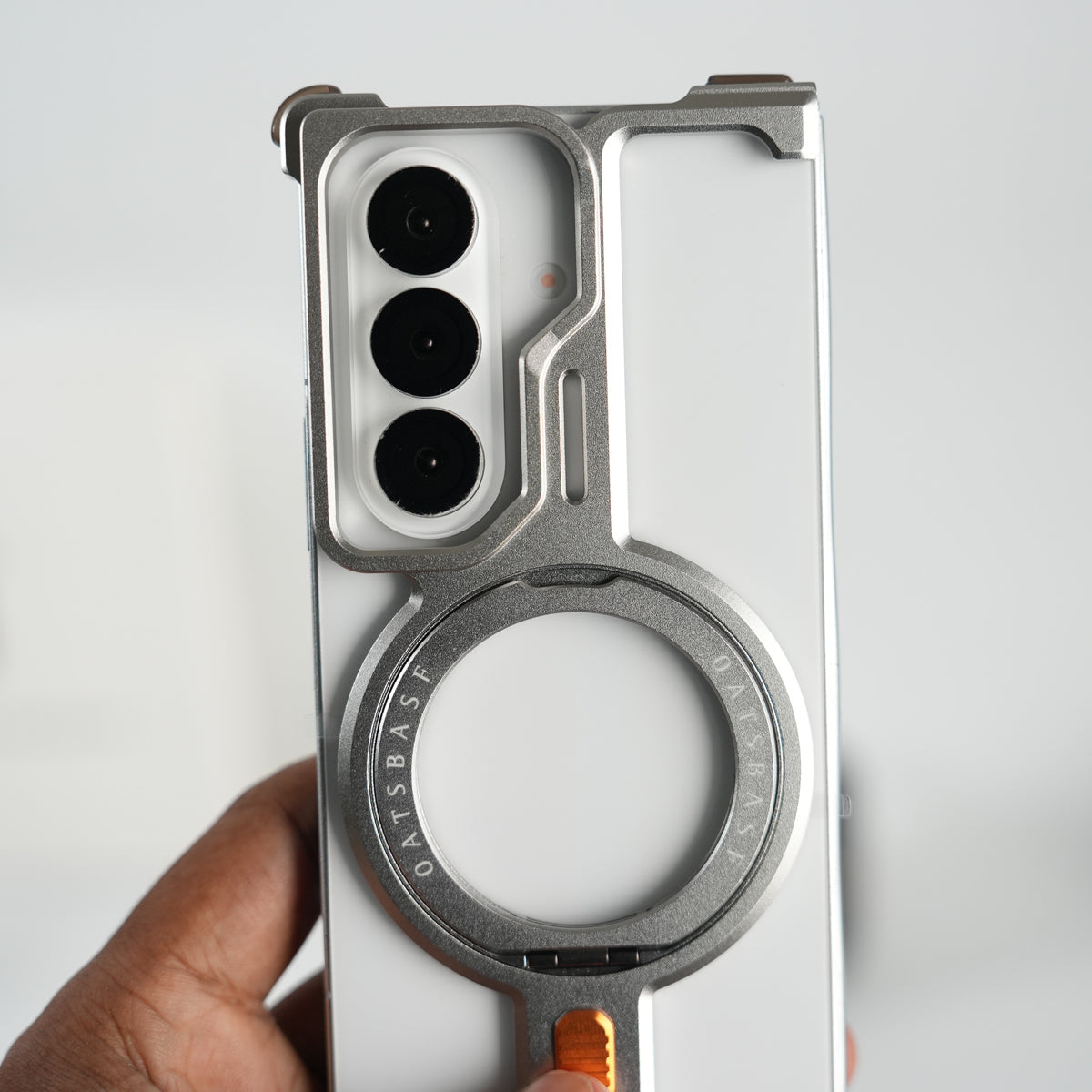 Galaxy Fold 7 Metal Frameless Bumper Case With Rotating Stand (Silver)