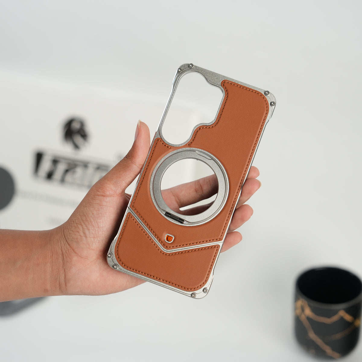 Galaxy S26 Ultra Premium Leather Aluminium Metal Snap On Rotating Stand case (Brown)