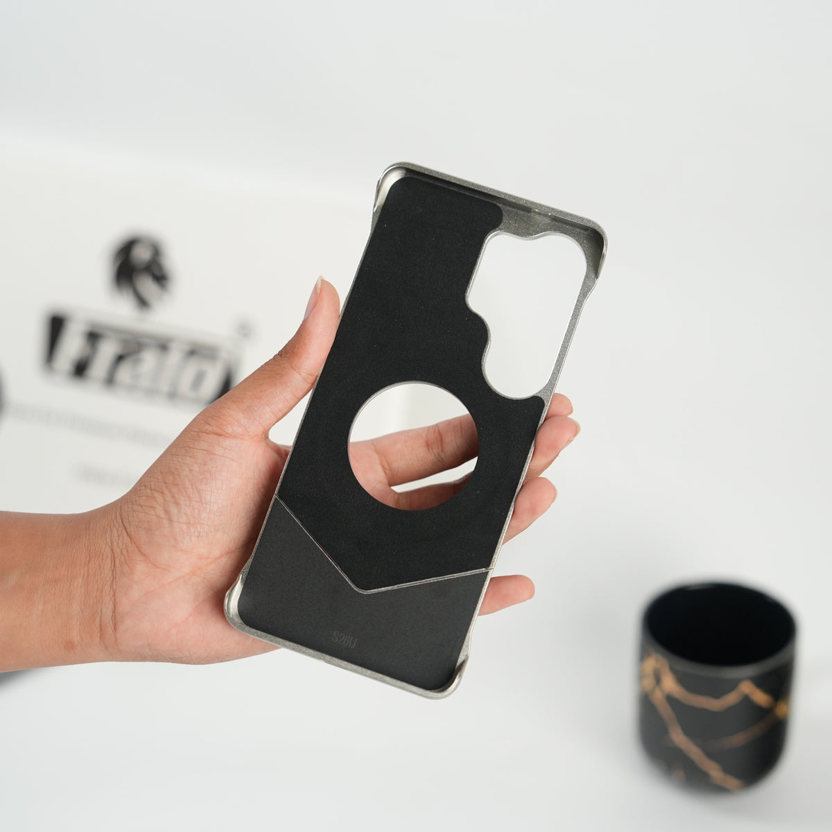 Galaxy S26 Ultra Premium Leather Aluminium Metal Snap On Rotating Stand case (Brown)
