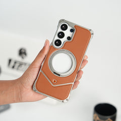 Galaxy S26 Ultra Premium Leather Aluminium Metal Snap On Rotating Stand case (Brown)